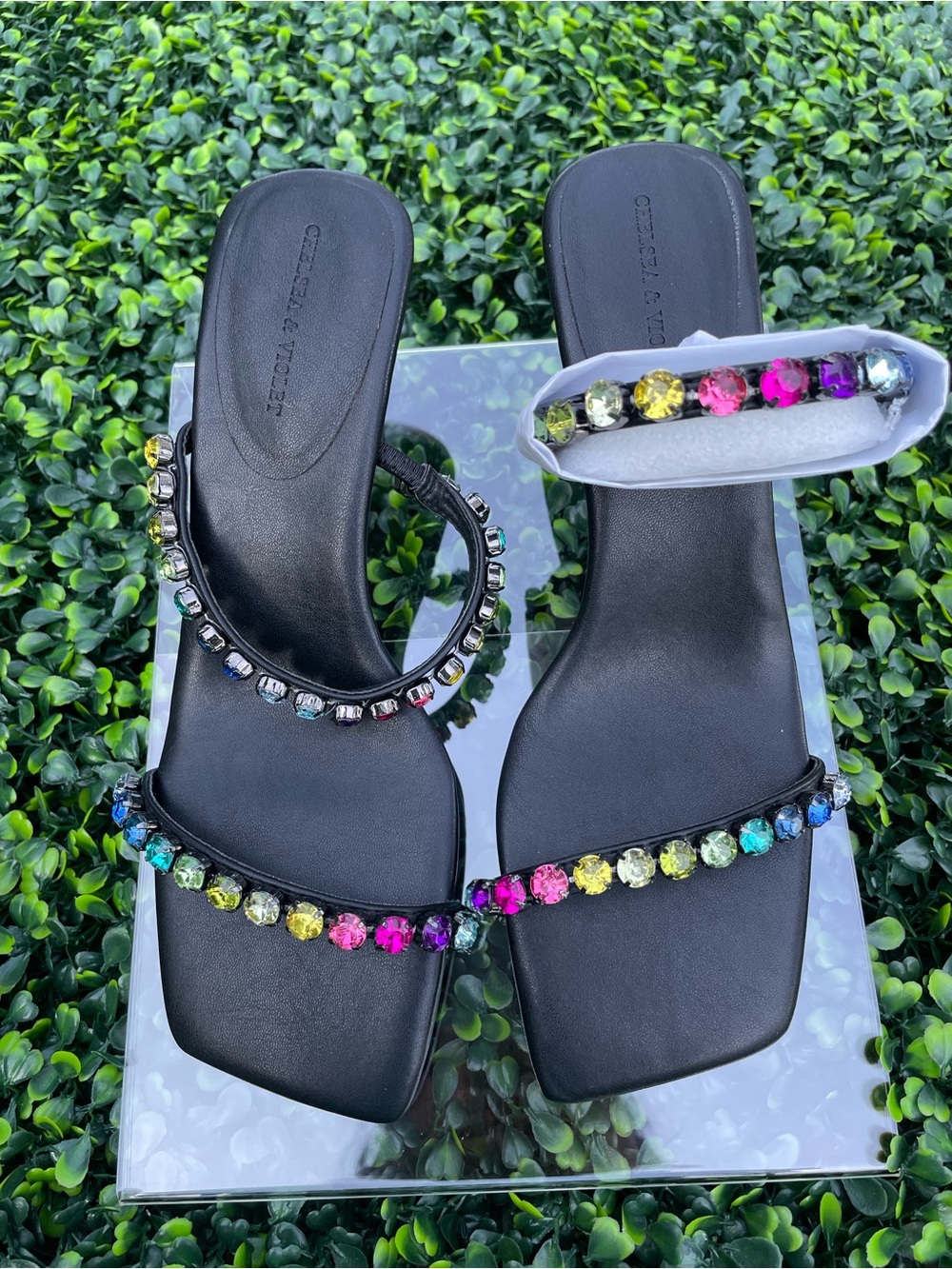 Chelsea & Violet Black Sandals with rainbow Rhinestone Embellishments